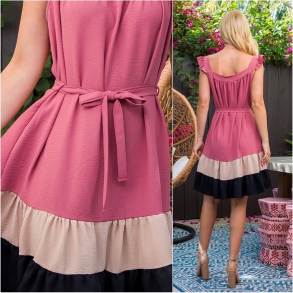New Soft woven Colorblock flutter sleeveless tie waist spring summer dress - Picture 3 of 3